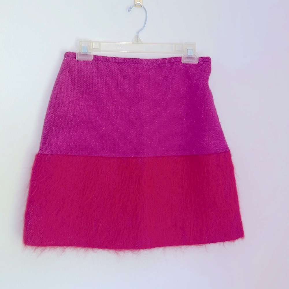 French Connection faux-fur trim tweed mini skirt pink size 6 small